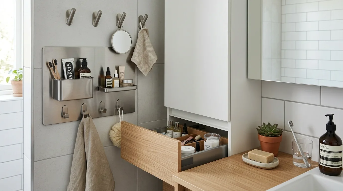 Make storage vertical and unobtrusive inspiration for a small bathroom.